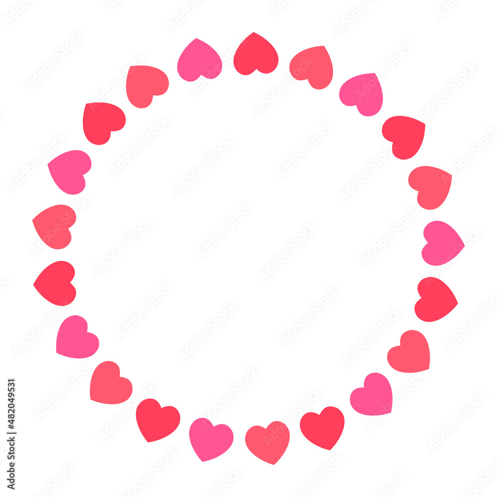 Red and pink hearts circle border. Hearts round frame with empty copy space. St. Valentine's Day sign. Vector isolated on white background.
