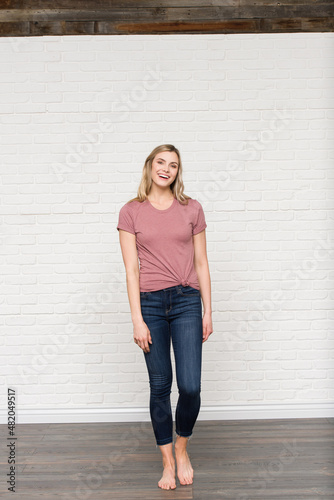Heather Mauve Natural Graphic T-shirt Bella Canvas 3001 Blank Mockup Tee Female Blonde Smiling Woman Model 