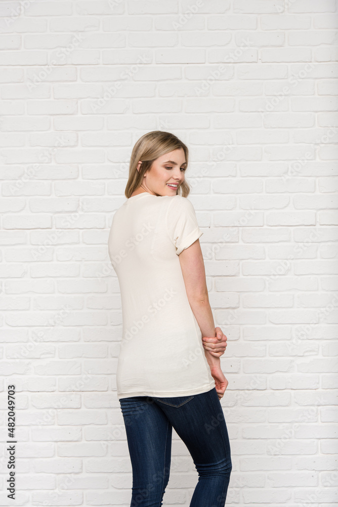 Natural Graphic T-shirt Bella Canvas 3001 Blank Mockup Tee Female Blonde Smiling Woman Model Natural Graphic T-shirt Bella Canvas 3001 Blank Mockup Tee Female Blonde Smiling Woman Model