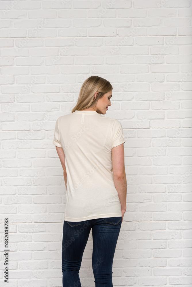 Natural Graphic T-shirt Bella Canvas 3001 Blank Mockup Tee Female Blonde Smiling Woman Model 