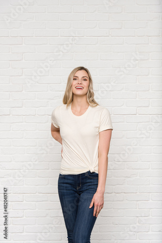 Natural Graphic T-shirt Bella Canvas 3001 Blank Mockup Tee Female Blonde Smiling Woman Model 