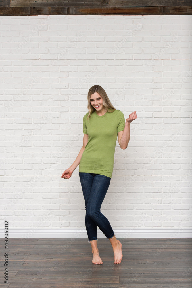 Heather Green Graphic T-shirt Bella Canvas 3001 Blank Mockup Tee Female Blonde Smiling Woman Model Heather Green Graphic T-shirt Bella Canvas 3001 Blank Mockup Tee Female Blonde Smiling Woman Model