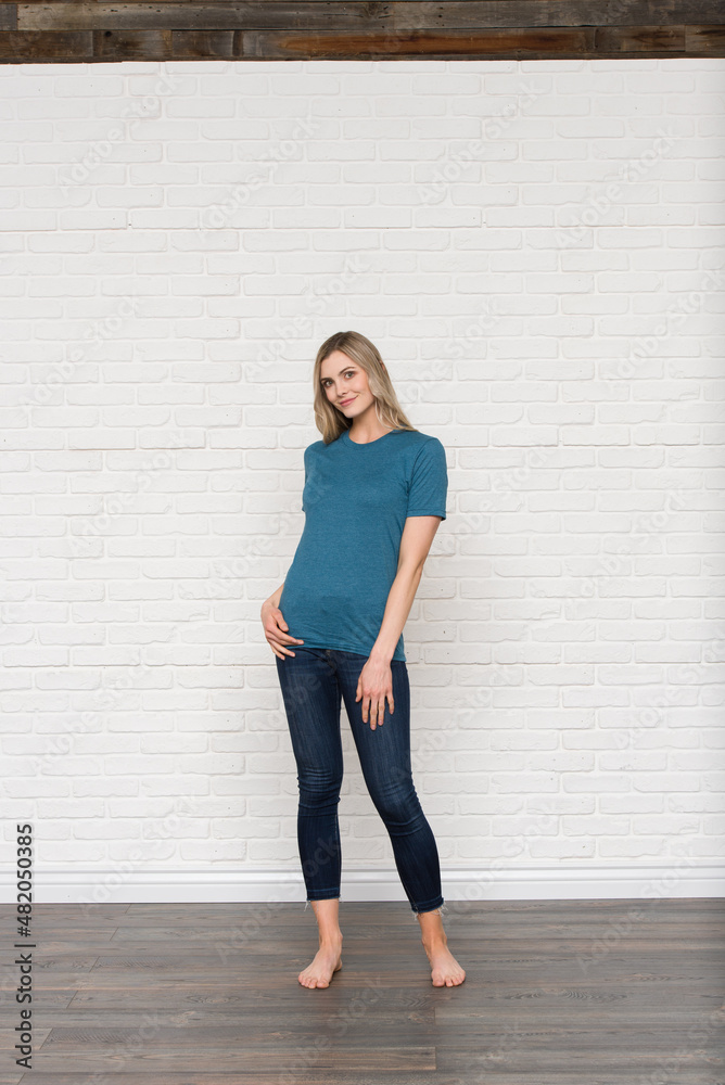 Heather Deep Teal Graphic T-shirt Bella Canvas 3001 Blank Mockup Tee Female Blonde Smiling Woman Model Heather Deep Teal Graphic T-shirt Bella Canvas 3001 Blank Mockup Tee Female Blonde Smiling Woman Model