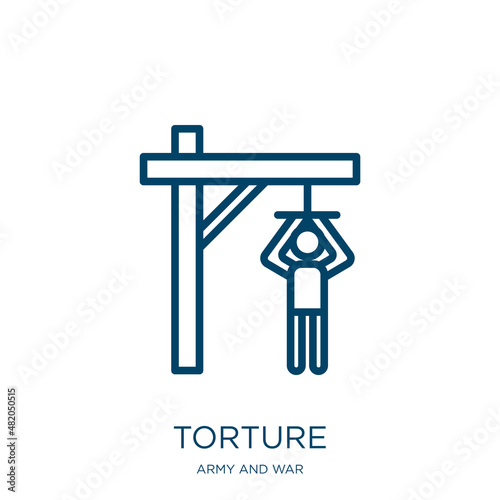 torture icon from army and war collection. Thin linear torture, prison, jail outline icon isolated on white background. Line vector torture sign, symbol for web and mobile