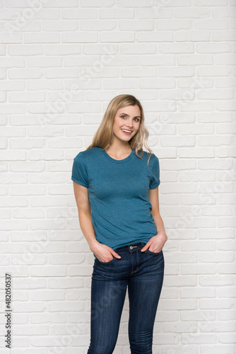 Photography Heather Deep Teal Graphic T-shirt Bella Canvas 3001 Blank Mockup Tee Female Blon