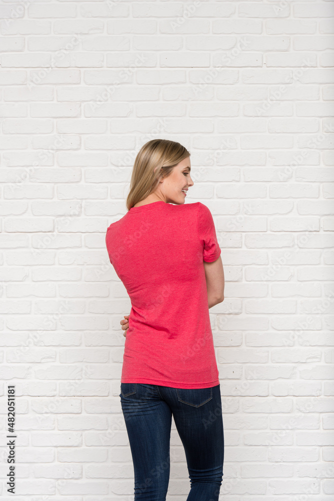 Fuchsia Graphic T-shirt Bella Canvas 3001 Blank Mockup Tee Female Blonde Smiling Woman Model Fuchsia Graphic T-shirt Bella Canvas 3001 Blank Mockup Tee Female Blonde Smiling Woman Model