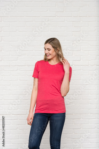 Fuchsia Graphic T-shirt Bella Canvas 3001 Blank Mockup Tee Female Blonde Smiling Woman Model 