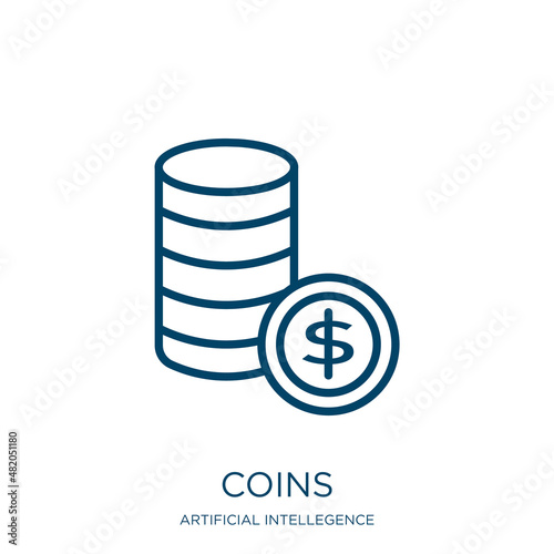 coins icon from artificial intellegence and future technology collection. Thin linear coins, bank, cash outline icon isolated on white background. Line vector coins sign, symbol for web and mobile