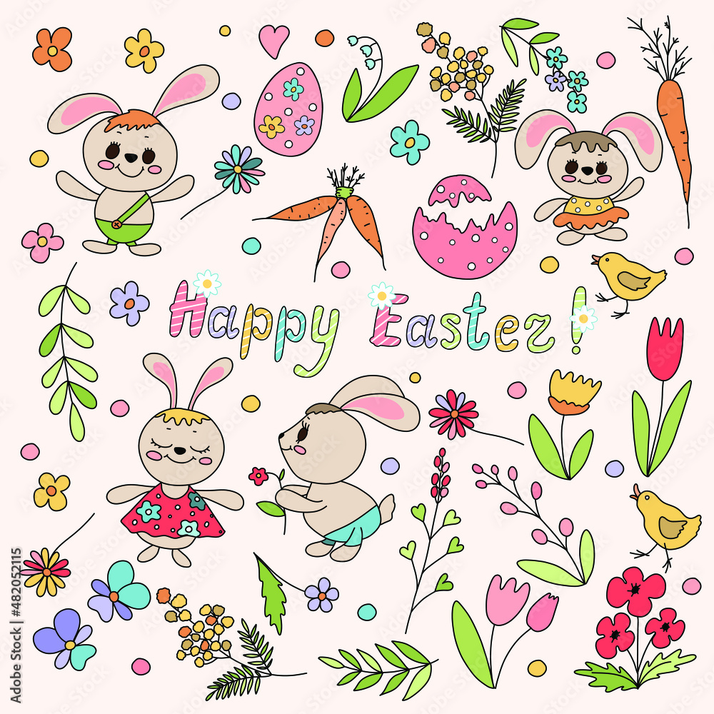 Easter decoration. Happy Easter, bunnies and flowers for your invitation or congratulation card and other ideas. Easter decoration. Happy Easter, bunnies and flowers for your invitation or congratulation card and other ideas.