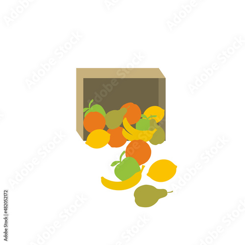 Various fruits spill out of an overturned box