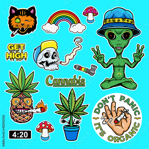 Marijuana Stickers Collection. Cannabis Culture. Vector Illustration.