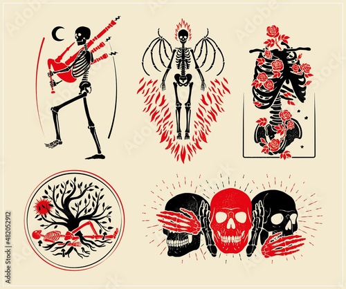 Collection of skeletons logos for t-shirt and denim.Fallen Angel. Piper. Skeleton and tree. Bones and roses. Skulls. I see nothing, I hear nothing, and I say nothing.