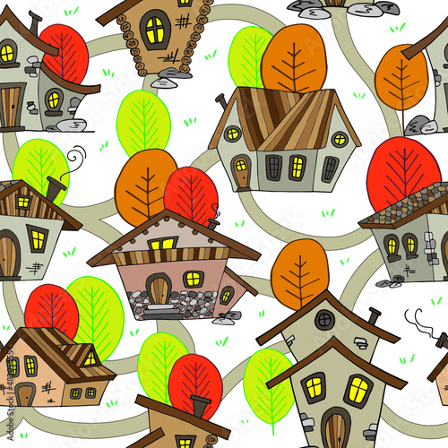 Country houses and colorful trees seamless pattern. Vector illustration.
