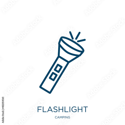 flashlight icon from camping collection. Thin linear flashlight, camp, tent outline icon isolated on white background. Line vector flashlight sign, symbol for web and mobile