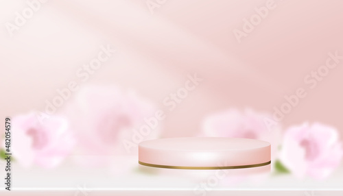 Studio room Pink podium display with blurry cherry blossom background, Vector 3D Cylinder on blurred Spring Sakura flower, Sweet pastel backdrop banner for Beauty product, Mother day,Valentine day