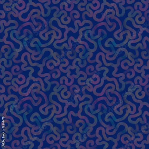 Seamless pattern of twisting multicolored lines on a blue background. Ethnic ornament. Bright fashionable design of background, template, fabric, textile, wallpaper, packaging