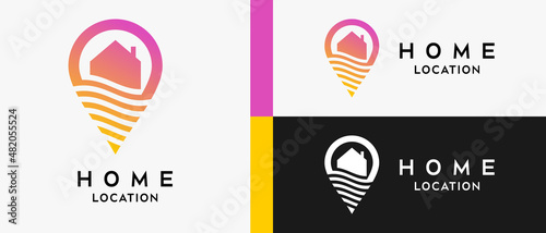 house location logo design template with house icon element concept in wave art. pin logo illustration, map, location, home, house, icon, building Premium Vector