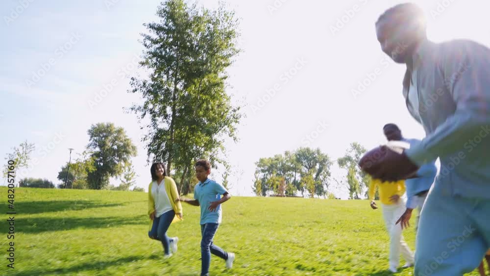 Beautiful happy african american family bonding at the park. Parents, grandparents and kids spending time outdoor playing and having fun