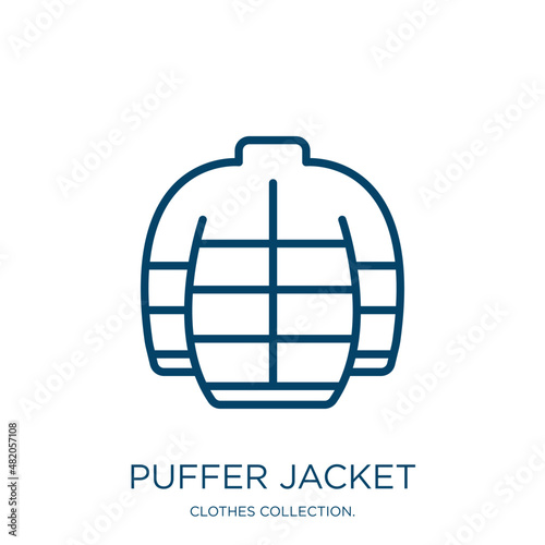 puffer jacket icon from clothes collection. Thin linear puffer jacket, garment, jacket outline icon isolated on white background. Line vector puffer jacket sign, symbol for web and mobile