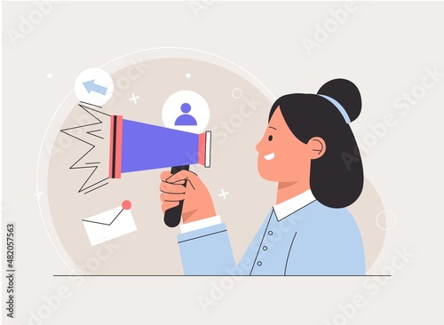 Web design and targeted advertisement concept. Woman with loudspeaker and magnet attracting new customers, online promotion. Refer a friend and audience announcement on loudspeaker.