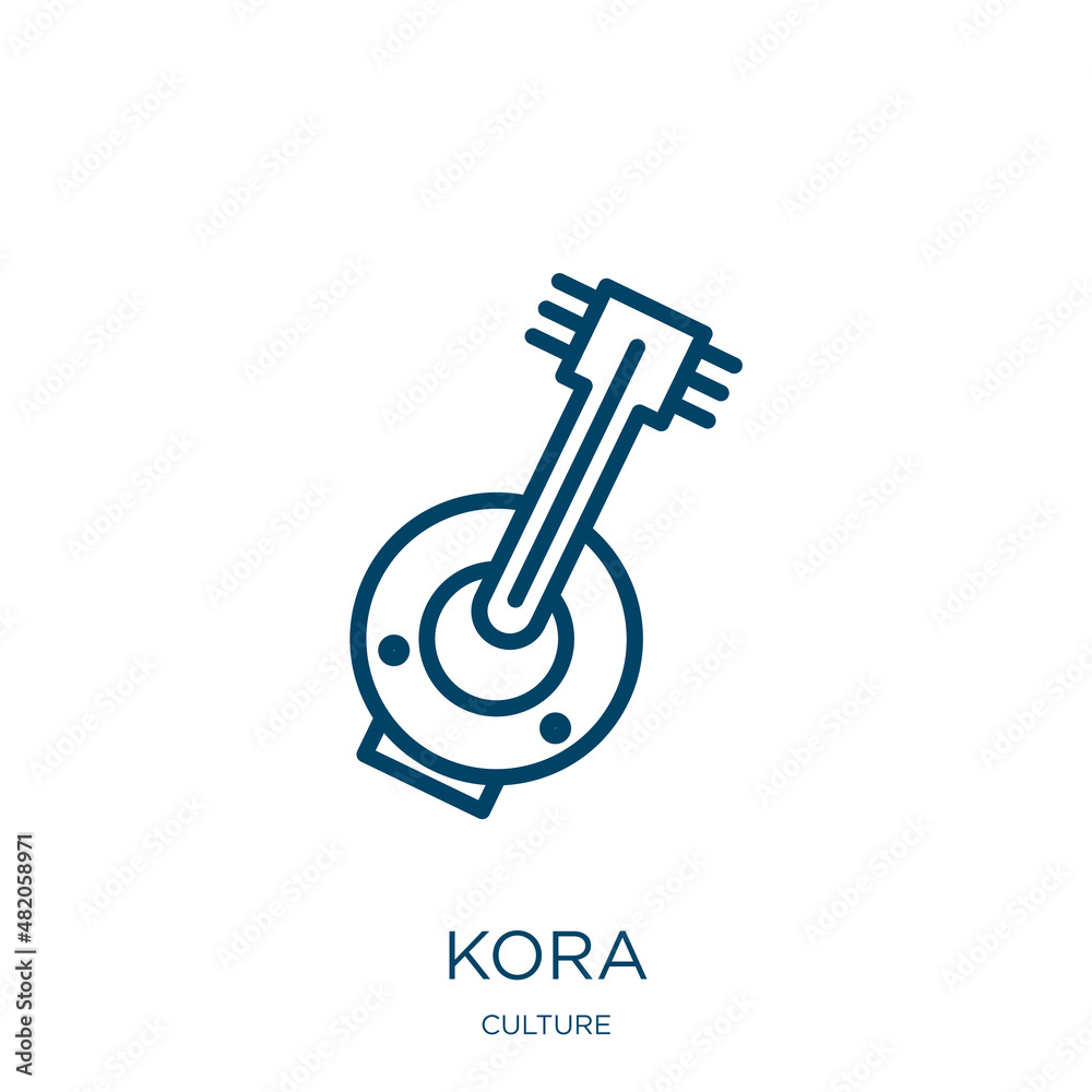 kora icon from culture collection. Thin linear kora, play, instrument outline icon isolated on white background. Line vector kora sign, symbol for web and mobile - obrazy, fototapety, plakaty 