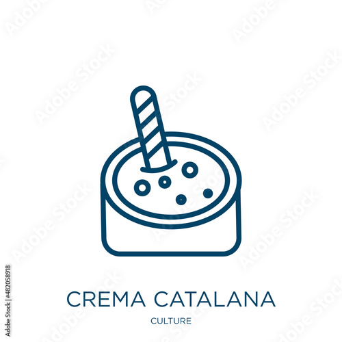 crema catalana icon from culture collection. Thin linear crema catalana, food, cartoon outline icon isolated on white background. Line vector crema catalana sign, symbol for web and mobile