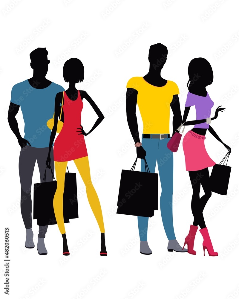 Obraz premium Silhouettes of two couples of people with bags in shopping