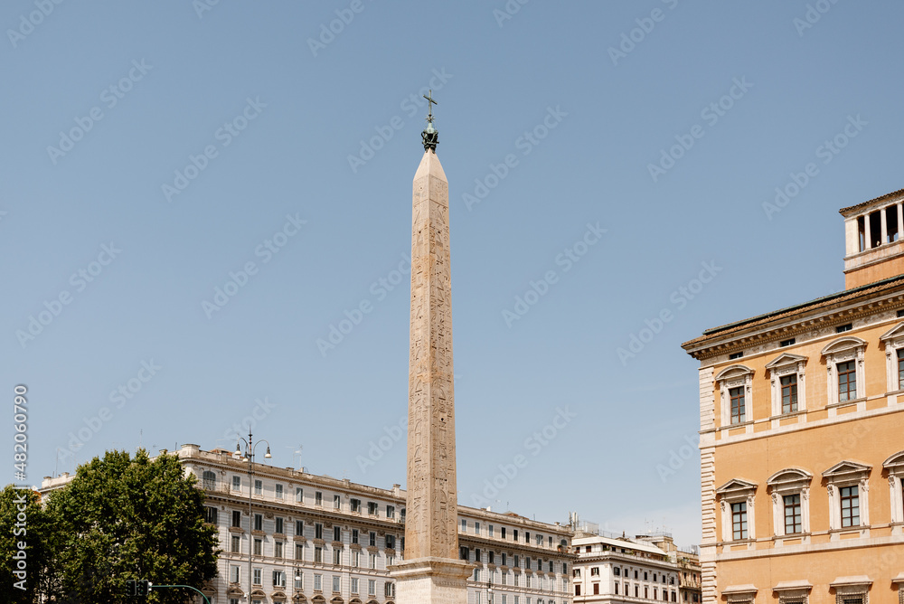 View of the Lateran obelisk, of Egyptian origin, located in the square in front of the Archbasilica of Saint John Lateran (San Giovanni in Laterano)