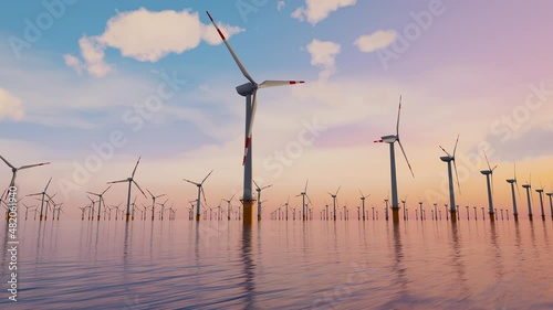 Giant wind turbines farm located in the open sea, sunset shot, 3d rendering concept of renewal energy using windmills