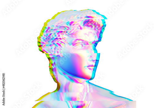 Head of David sculpture with glitch effect, 3D rendered