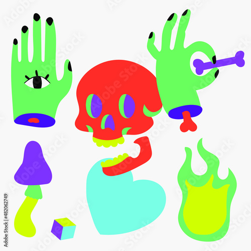 Neon cartoon psychedelic hippy stickers with mushrooms and eyes. Hallucination elements, heart, skull, emoji and ok hand. Groovy vector set of psychedelic and hallucination elements