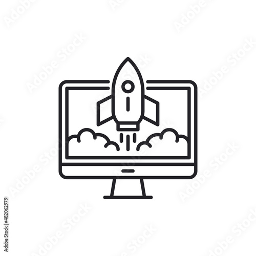 Website and Rocket Launch thin line icon, startup concept, Site launch sign on white background, rocket launching from tablet icon in outline style for mobile and web design. Vector graphics.