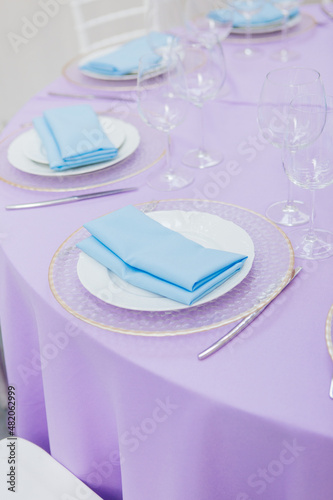 Wedding decor in lavender color, restaurant and banquet, presidium