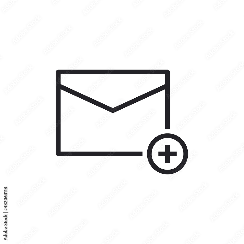Email envelope with plus sign. Linear icon of receive message concept. Add news or post. Graphic vector isolated