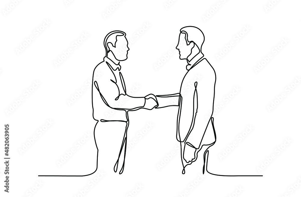 Two businessmen shake  hands one line vector illustration