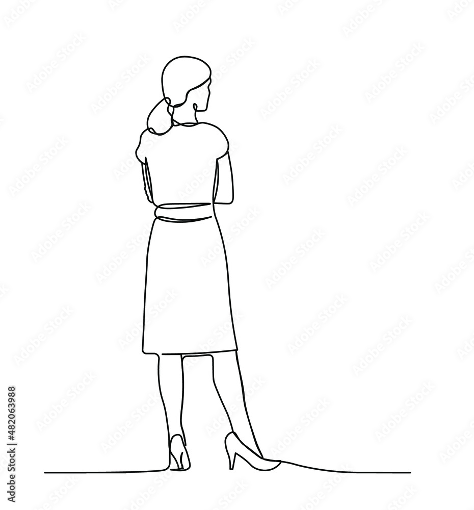 Woman standing back view one line vector illustration