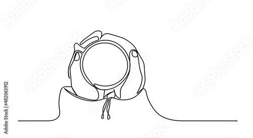 Hands holding cup of coffee top view one line vector illustartion