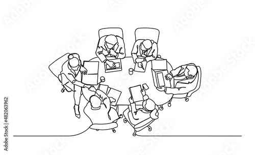 Business people sitting at table top view one line vector illustartion