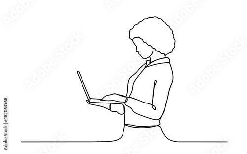 Businesswoman using laptop one line vector illustartion