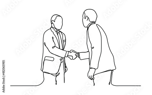 Two businessmen shake  hands one line vector illustration