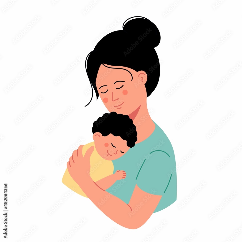 Mother holding her cute baby boy child. Woman holding newborn baby, concept vector illustration in trendy cartoon style, health, care, maternity Mother holding her cute baby boy child. Woman holding newborn baby, concept vector illustration in trendy cartoon style, health, care, maternity