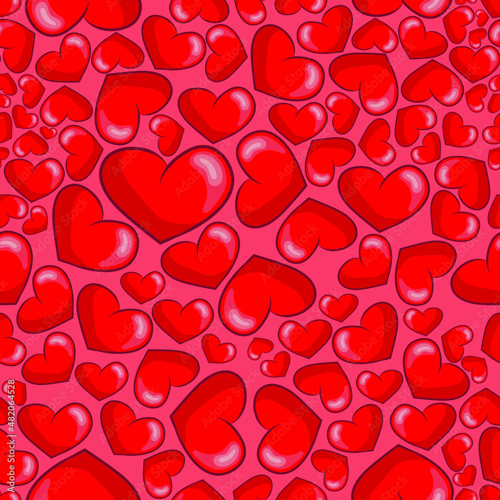 Seamless pattern of red hearts. Valentine's Day background. Flat design endless chaotic texture of tiny heart silhouettes. Shades of red. Vector illustration on a red background.