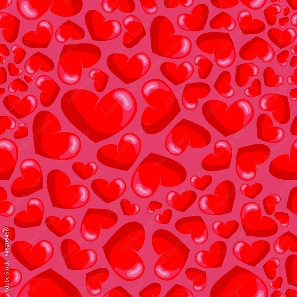 Seamless pattern of red hearts. Valentine's Day background. Flat design endless chaotic texture of tiny heart silhouettes. Shades of red. Vector illustration on a red background.