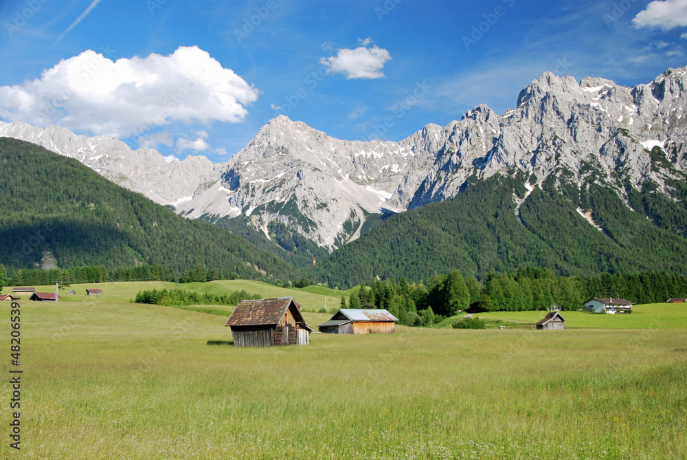 Huts on a green meadow surrounded by forest an the barren peaks of the bavarian alps
