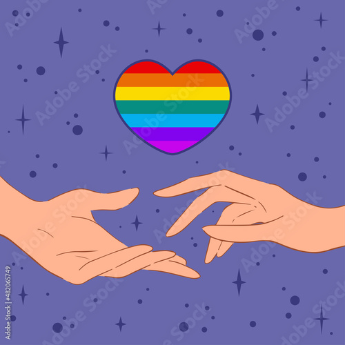 Vector image of heart shaped rainbow flag and hands. Vector illustration with hand reaching out to each others and LGBT flag in heart shape against purple starry sky. Vector illustration