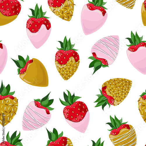 Vector seamless pattern of strawberries covered with golden and pink chocolate decorated with confectionery topping isolated on white background.