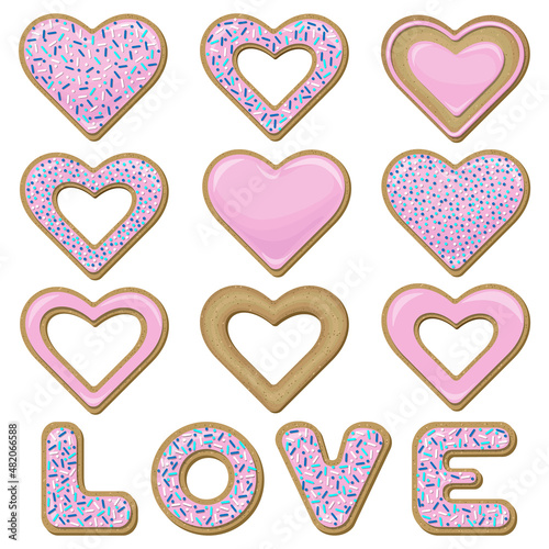 Set of different realistic cookies in the form of hearts covered with pink glaze decorated with confectionery topping isolated on white background. Vector illustration.