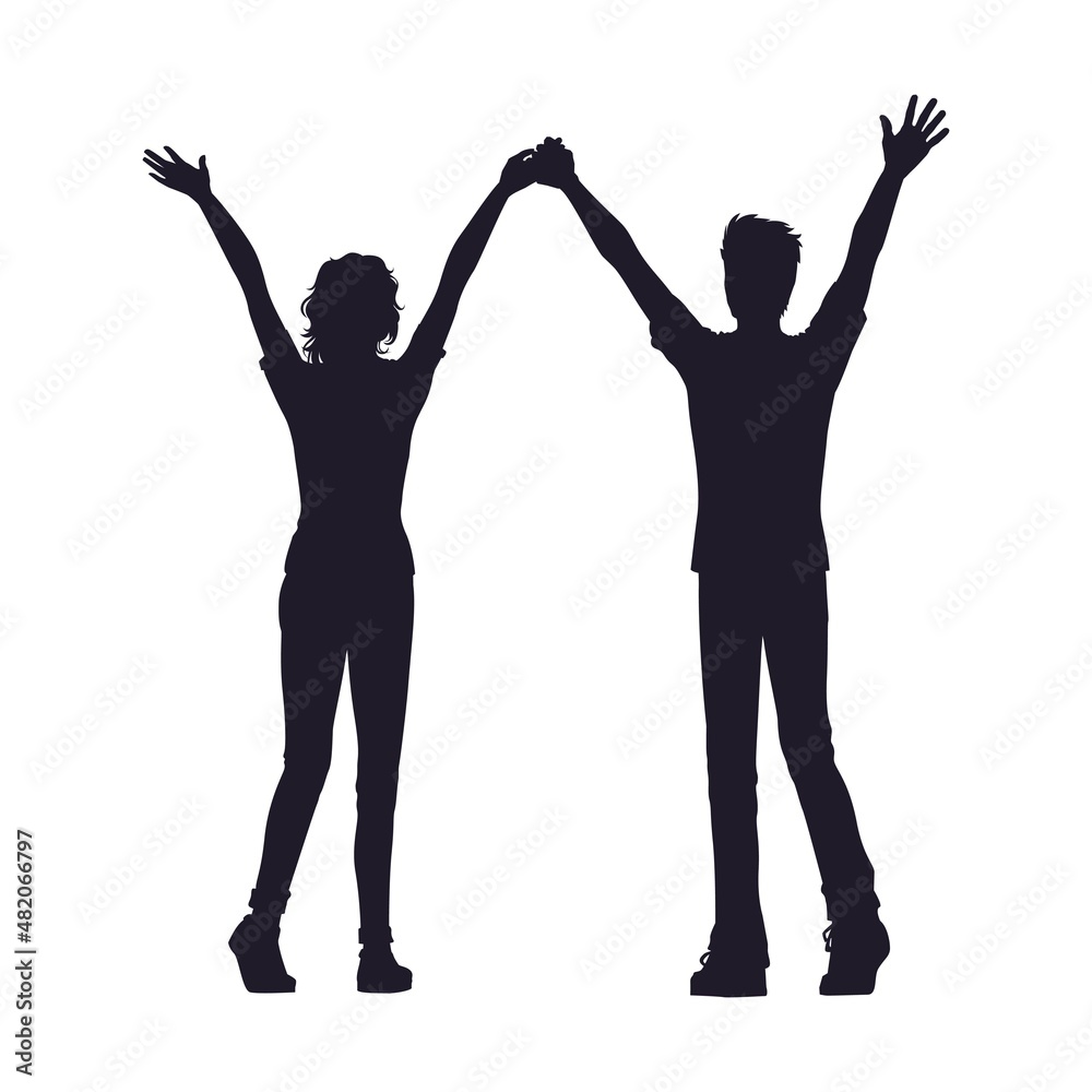Black silhouette of a couple of a woman and a man with raised hands on a white background