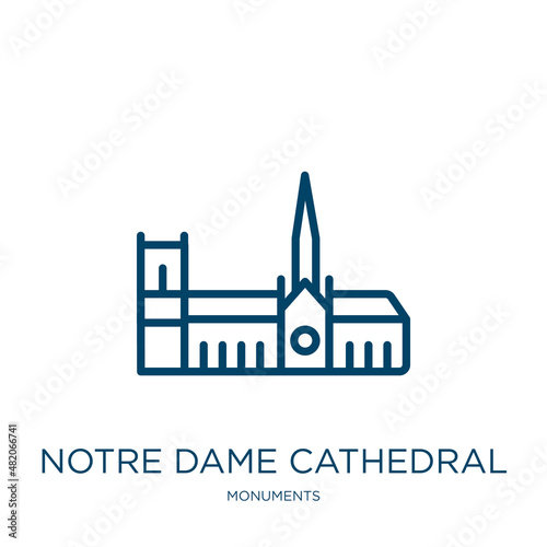 notre dame cathedral icon from monuments collection. Thin linear notre dame cathedral, france, french outline icon isolated on white background. Line vector notre dame cathedral sign, symbol for web