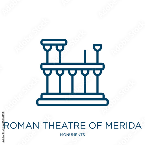 roman theatre of merida icon from monuments collection. Thin linear roman theatre of merida, roman, old outline icon isolated on white background. Line vector roman theatre of merida sign, symbol for